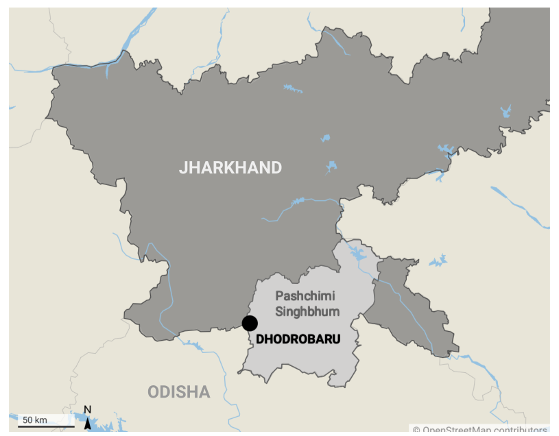 B1P4 A map showing the location of Dhodrobaru(Field visit site) in Jharkhand state.