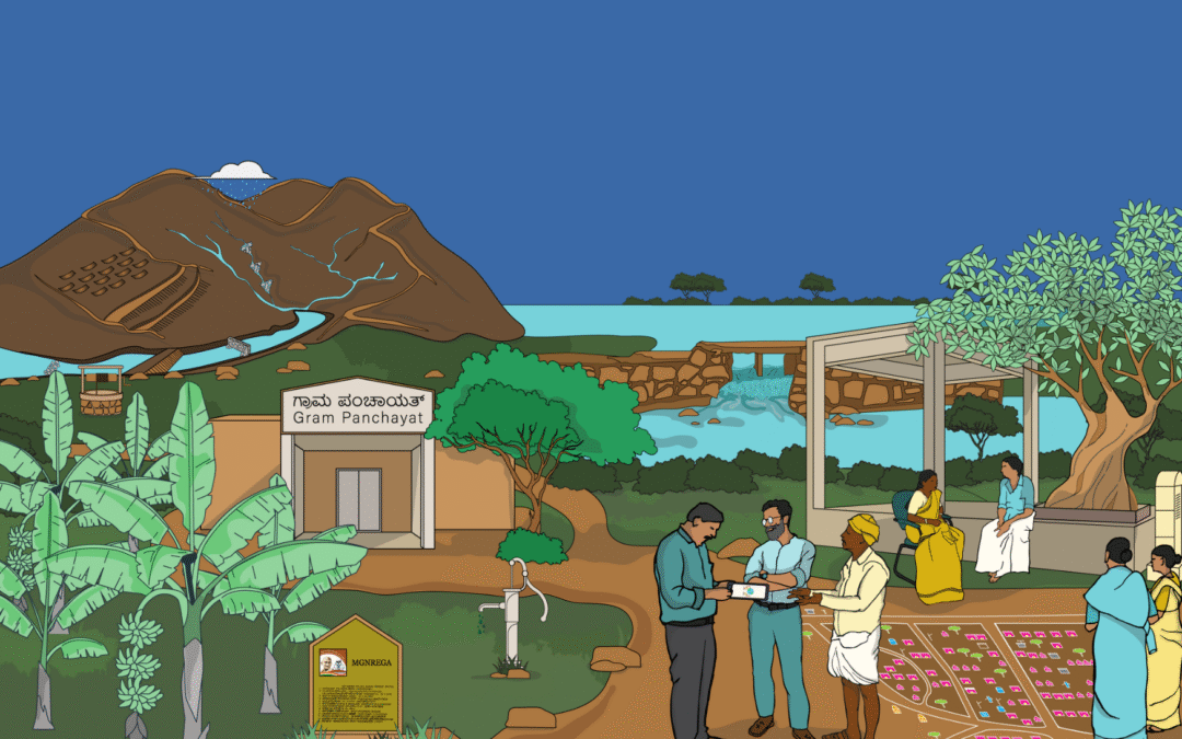 An illustration of people assembled near a village gram panchayat, speaking to each other. A dam with open gates is in the background.